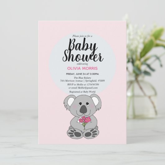 かわいいベビーガールKoalaクマ漫画の名前ベビーシャワー 招待状 (スタンド正面)