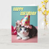 かわいいベビーキッテンパーティーハット誕生日 カード (黄色い花)