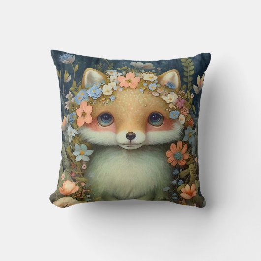 かわいいベビーキツネピンク青絵画花 クッション (正面)