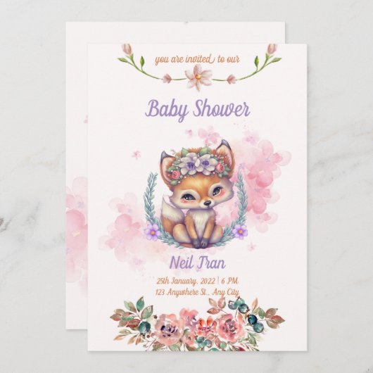 かわいいベビーキツネベビーシャワー招待状 招待状 (正面/裏面)