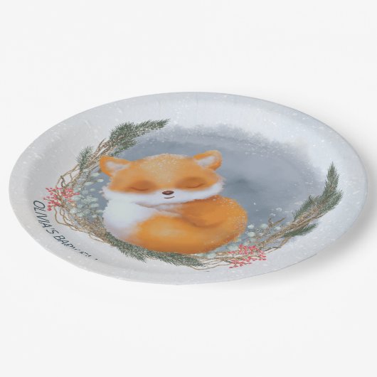かわいいベビーキツネ雪の冬のベビーシャワー ペーパープレート (アングル)