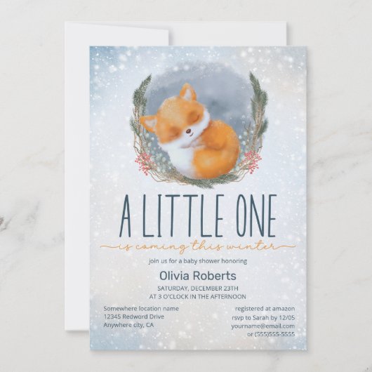 かわいいベビーキツネ雪の冬のベビーシャワー 招待状 (正面)
