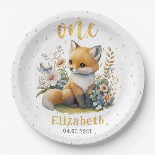 かわいいベビーキツネ1st誕生日パーティー紙プレート ペーパープレート (正面)
