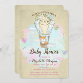 かわいいベビーキツネ、エアバルーン、バタフライベビーシャワー 招待状 (正面/裏面)