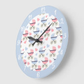 かわいいベビーキャリッジピンクブルーパターン子供部屋 ラージ壁時計 (傾斜)