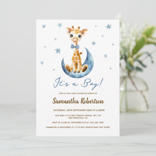 かわいいベビーキリン水の色その男の子の赤ちゃんシャワー 招待状 (スタンド正面)