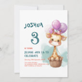 かわいいベビーキリンIバルーン子供の誕生日パーティー 招待状 (正面)
