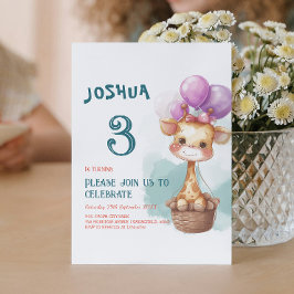 かわいいベビーキリンIバルーン子供の誕生日パーティー 招待状