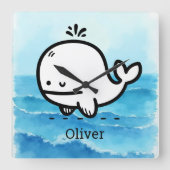 かわいいベビークジラ – かわいいズシークリーチャーラインアート スクエア壁時計 (正面)