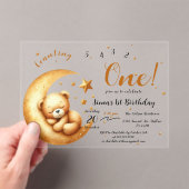 かわいいベビークマが月の上で眠る1歳の誕生日 アクリル招待状 (インサイチュ (ポータブル))