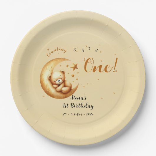 かわいいベビークマが月の上で眠る1歳の誕生日 ペーパープレート (正面)