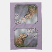 かわいいベビーグレーウルフアップと花 キッチンタオル (縦)