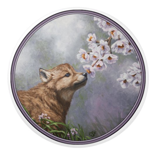 かわいいベビーグレーウルフアップと花 セラミックノブ (正面)