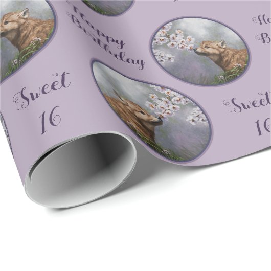 かわいいベビーグレーウルフアップと花 ラッピングペーパー (ロールコーナー)