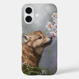 かわいいベビーグレーウルフアップと花 iPhone 16ケース