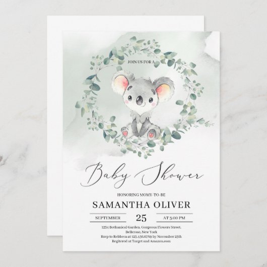 かわいいベビーコアラグリーンユーカリ赤ちゃんシャワー 招待状 (正面/裏面)