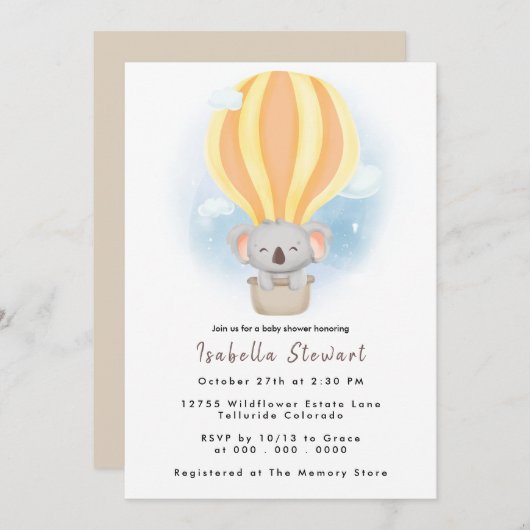かわいいベビーコアラバルーンサファリベイビーシャワー 招待状 (正面/裏面)