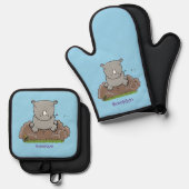 かわいいベビーサイ漫画イラストレーション 鍋つかみ&鍋敷きセット (正面/裏面)