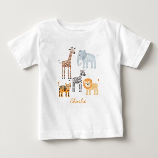 かわいいベビーサファリアニマルウォーター名前をカスタムする ベビーTシャツ (正面)