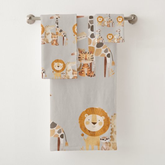 かわいいベビーサファリアニマルズオンスモーキーベージュ バスタオルセット (インサイチュ)