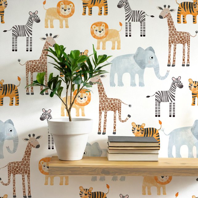 かわいいベビーサファリ動物の水のカラーパターン 壁紙 (Cute safari animal lion, tiger, elephant, giraffe and zebra nursery and kids room decor wallpaper)