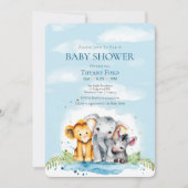 かわいいベビーサファリ動物エレファントライオンゼブラシャワー 招待状 (正面)