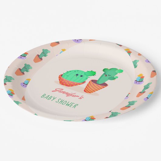 かわいいベビーサボテンとママ赤ちゃんシャワー ペーパープレート (アングル)