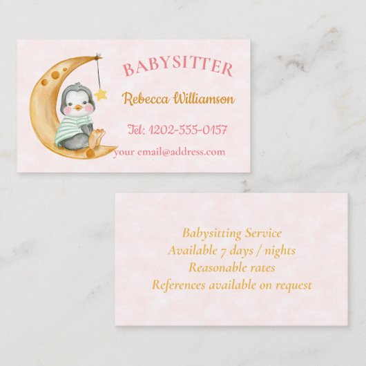かわいいベビーシッターのペンギンムーンピンク 名刺 (正面/裏面)