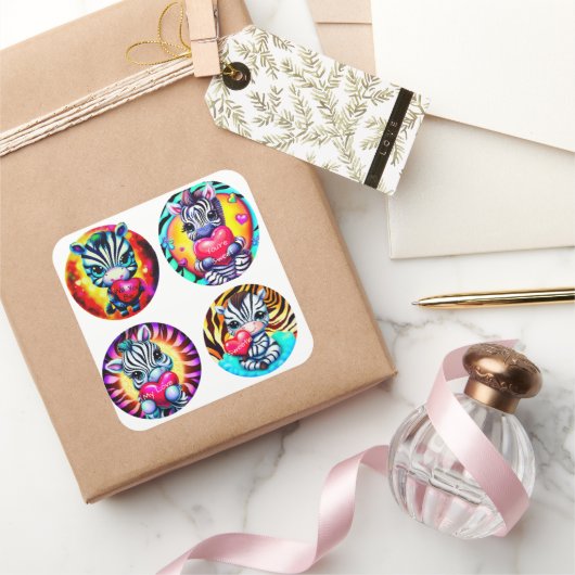 かわいいベビーシマウマとハート スクエアシール (ギフト)