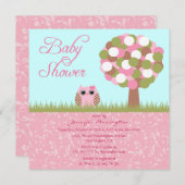 かわいいベビーシャワーのピンクのフクロウの木のパーティの招待状 招待状 (正面/裏面)