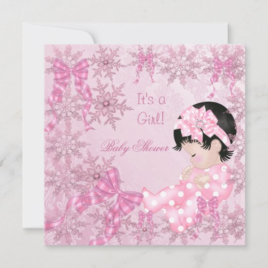 かわいいベビーシャワーの女の子 ピンクの雪の結晶とバラ 招待状 (正面)