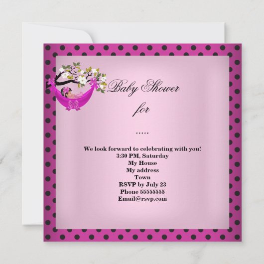 かわいいベビーシャワーガールベビーピンクハンモック 招待状 (裏面)