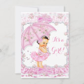 かわいいベビーシャワーガール フラワーピンクのブルネット 招待状 (正面)