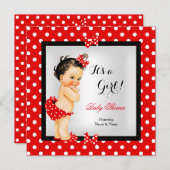 かわいいベビーシャワーガール 赤 黒 茶色の髪 招待状 (正面/裏面)