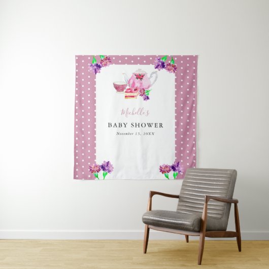 かわいいベビーシャワーティーパーティーピンクの背景 タペストリー (インサイチュ)