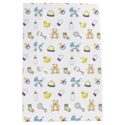 かわいいベビーシャワーパターン ミディアムペーパーバッグ (正面)