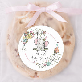 かわいいベビーシャワーラベル フラワーのぞうさん ラウンドシール