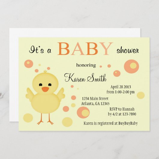 かわいいベビーシャワー招待状-ひよこ 招待状 (正面/裏面)