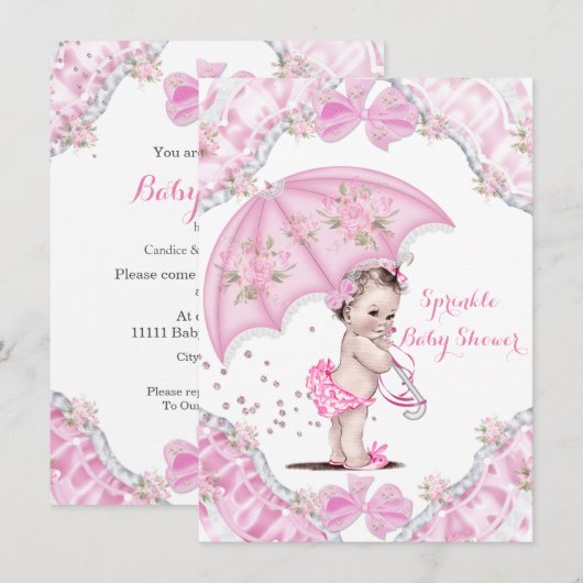 かわいいベビーシャワー ピンクの傘の少女 花 招待状 (正面/裏面)