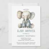 かわいいベビーシャワー ブルーぬいぐるみゾウのおもちゃ 招待状 (正面)