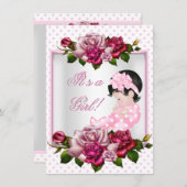 かわいいベビーシャワー 女の子 ピンクのバラ 水玉模様 招待状 (正面/裏面)