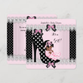かわいいベビーシャワー 女の子 ピンクの水玉 ハイヒール 7 招待状 (正面/裏面)