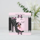 かわいいベビーシャワー 女の子 ピンクの水玉 ハイヒール 7 招待状 (スタンド正面)