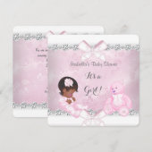 かわいいベビーシャワー 女の子 ピンク 白 クマ 招待状 (正面/裏面)