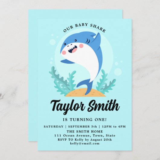 かわいいベビーシャーク誕生日パーティーの招待状 招待状 (正面/裏面)