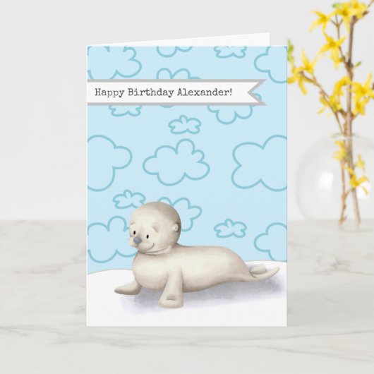 かわいいベビーシールパーソナライズされたハッピーバースデー カード (黄色い花)