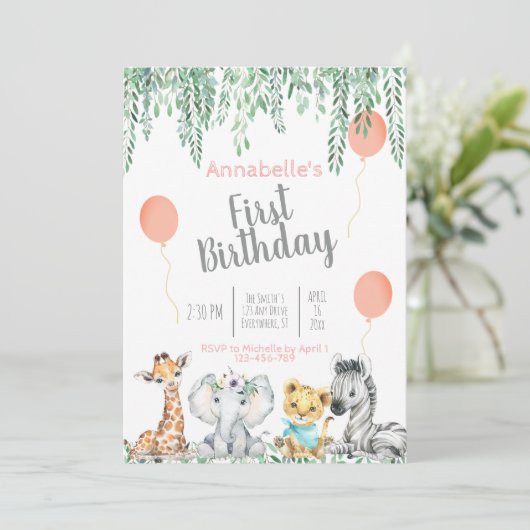 かわいいベビージャングルアニマルズグリーンリーファースト誕生日 招待状 (スタンド正面)