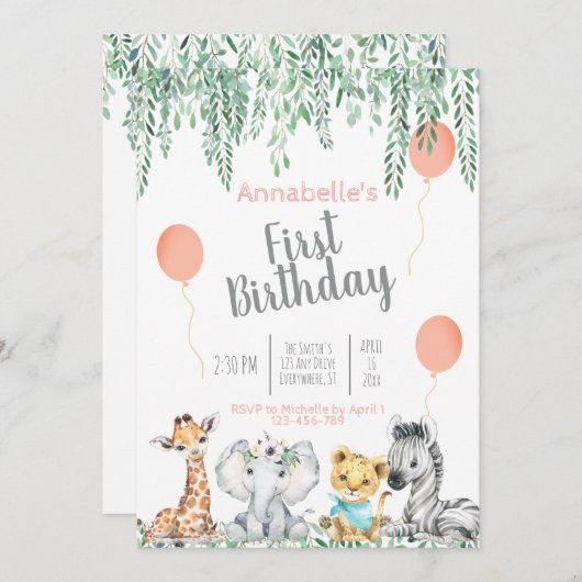 かわいいベビージャングルアニマルズグリーンリーファースト誕生日 招待状 (正面/裏面)