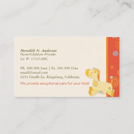 かわいいベビージラフェスチャイルドケアデイサービスセンター 名刺 (裏面)