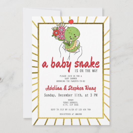 かわいいベビースネークが途中の金ゴールド赤ちゃんシャワー 招待状 (正面)